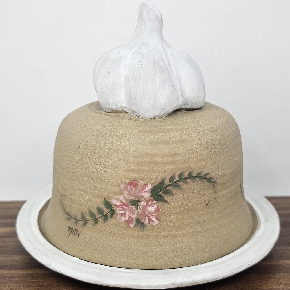 Handmade Ceramic Floral Pottery Garlic Baker Roaster Butter Keeper Signed